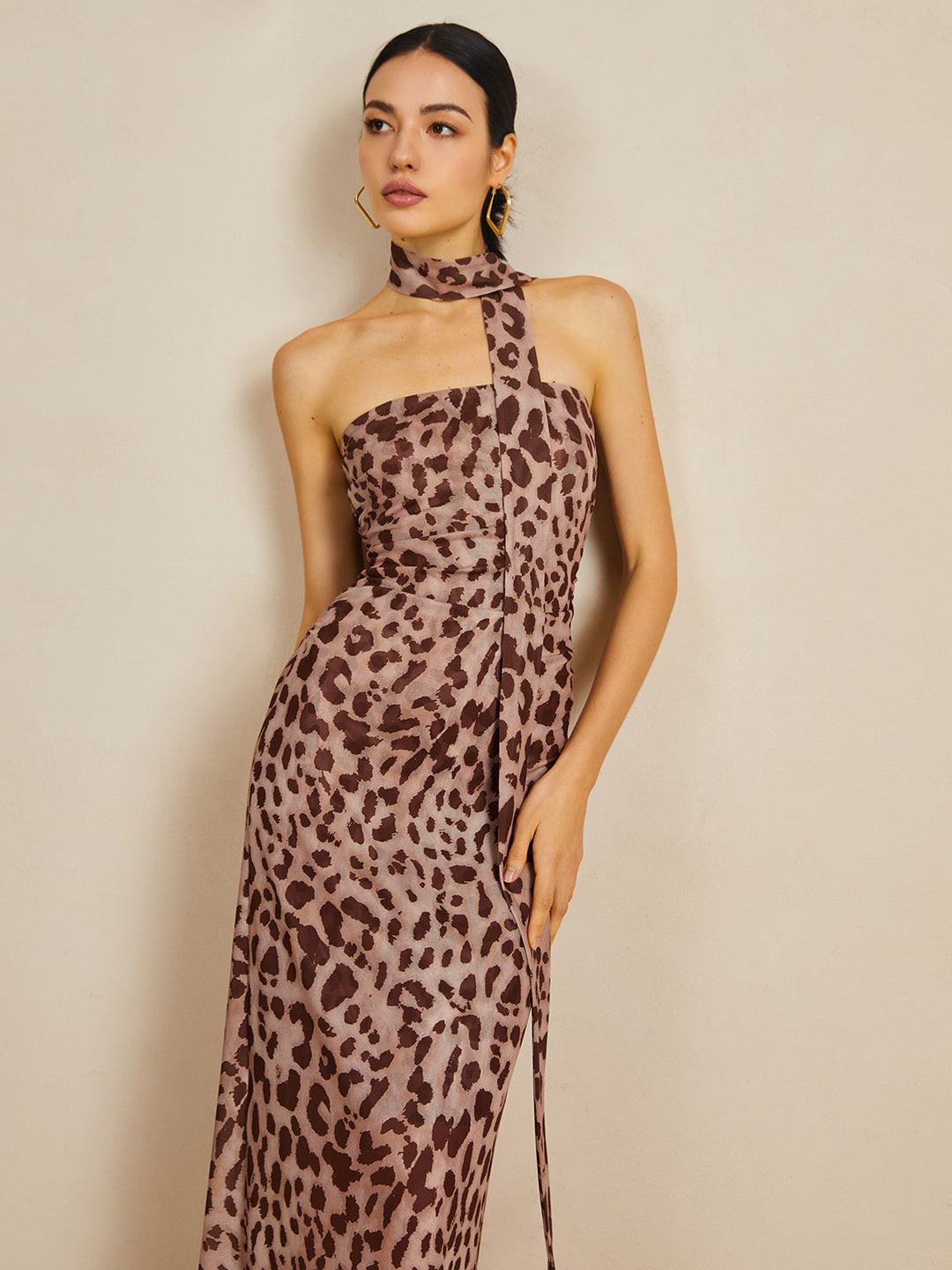 Leopardenmuster Netz-Neckholder-Midikleid