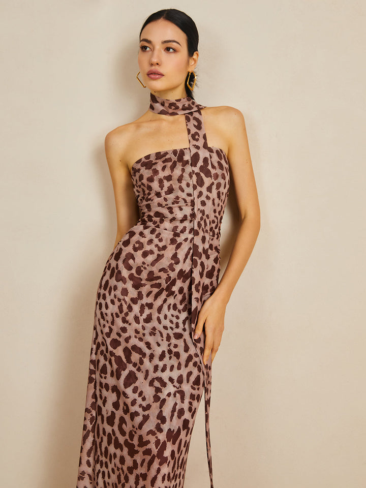 Leopardenmuster Netz-Neckholder-Midikleid
