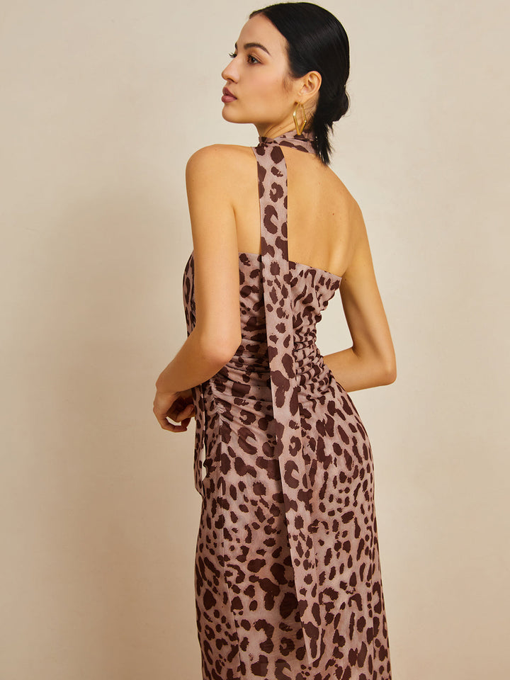 Leopardenmuster Netz-Neckholder-Midikleid