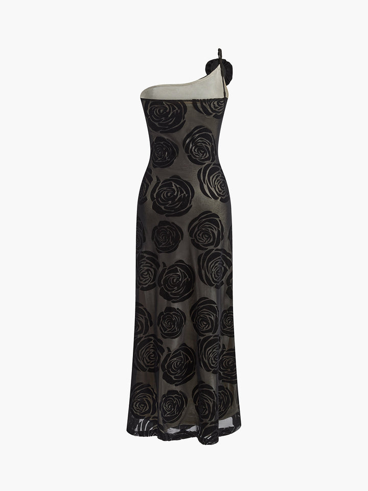 Jacquard-Blumen asymmetrisches Maxikleid