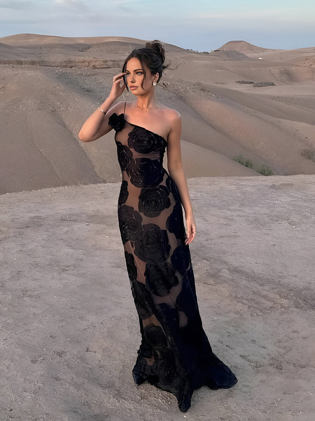 Jacquard-Blumen asymmetrisches Maxikleid