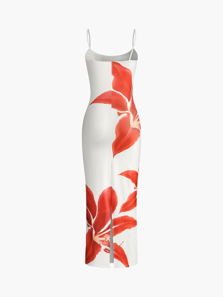 Blumenkleid mit Spaghettiträgern und Schlitz Maxikleid