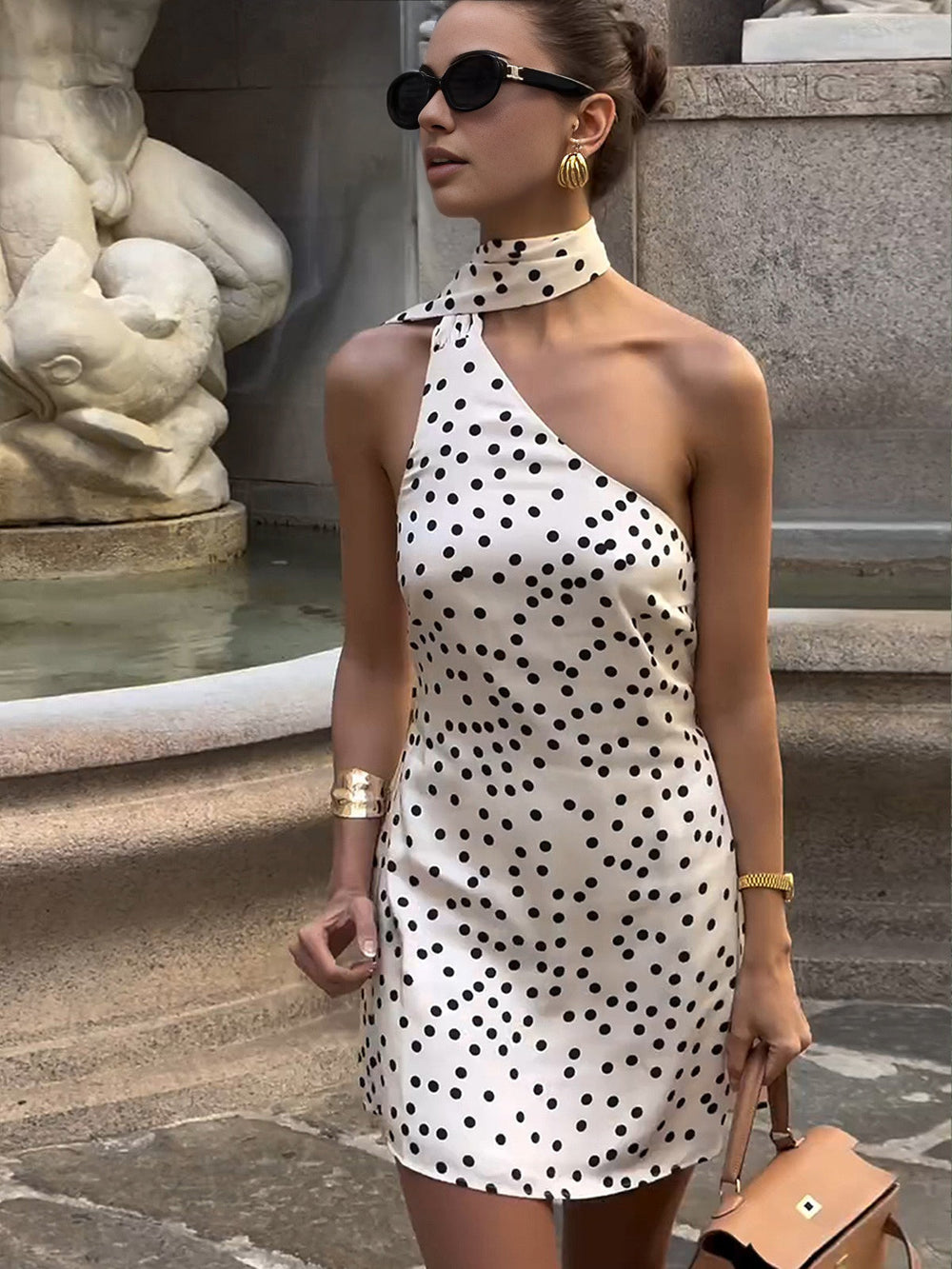 Satin Polka Dot Asymmetrisches Kleid