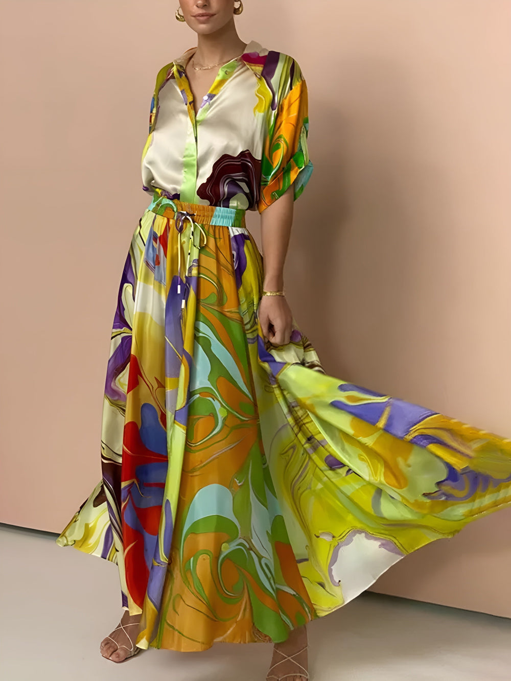 Satin-Print-Rock-Set-mit-Kordelzug