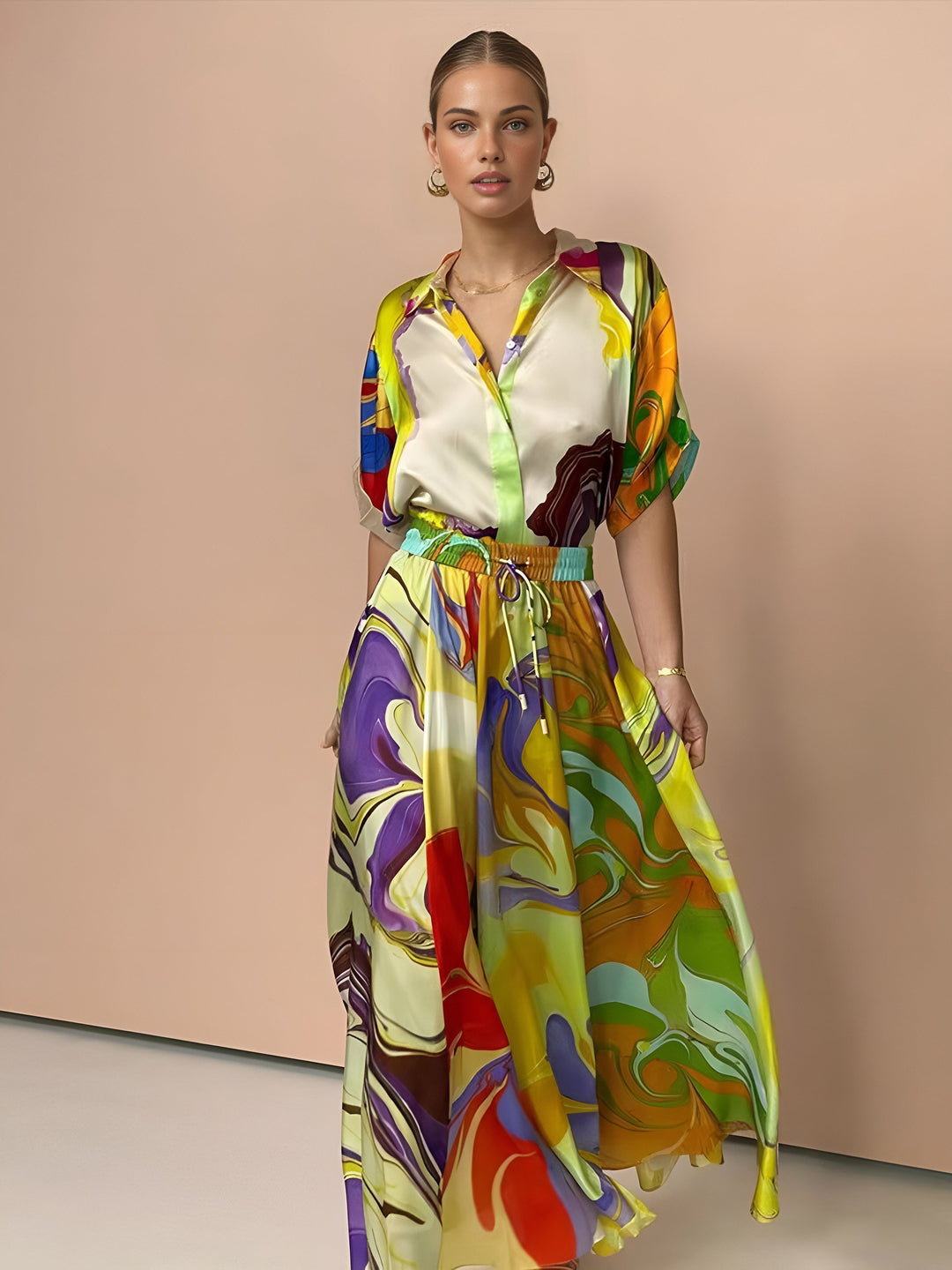 Satin-Print-Rock-Set-mit-Kordelzug
