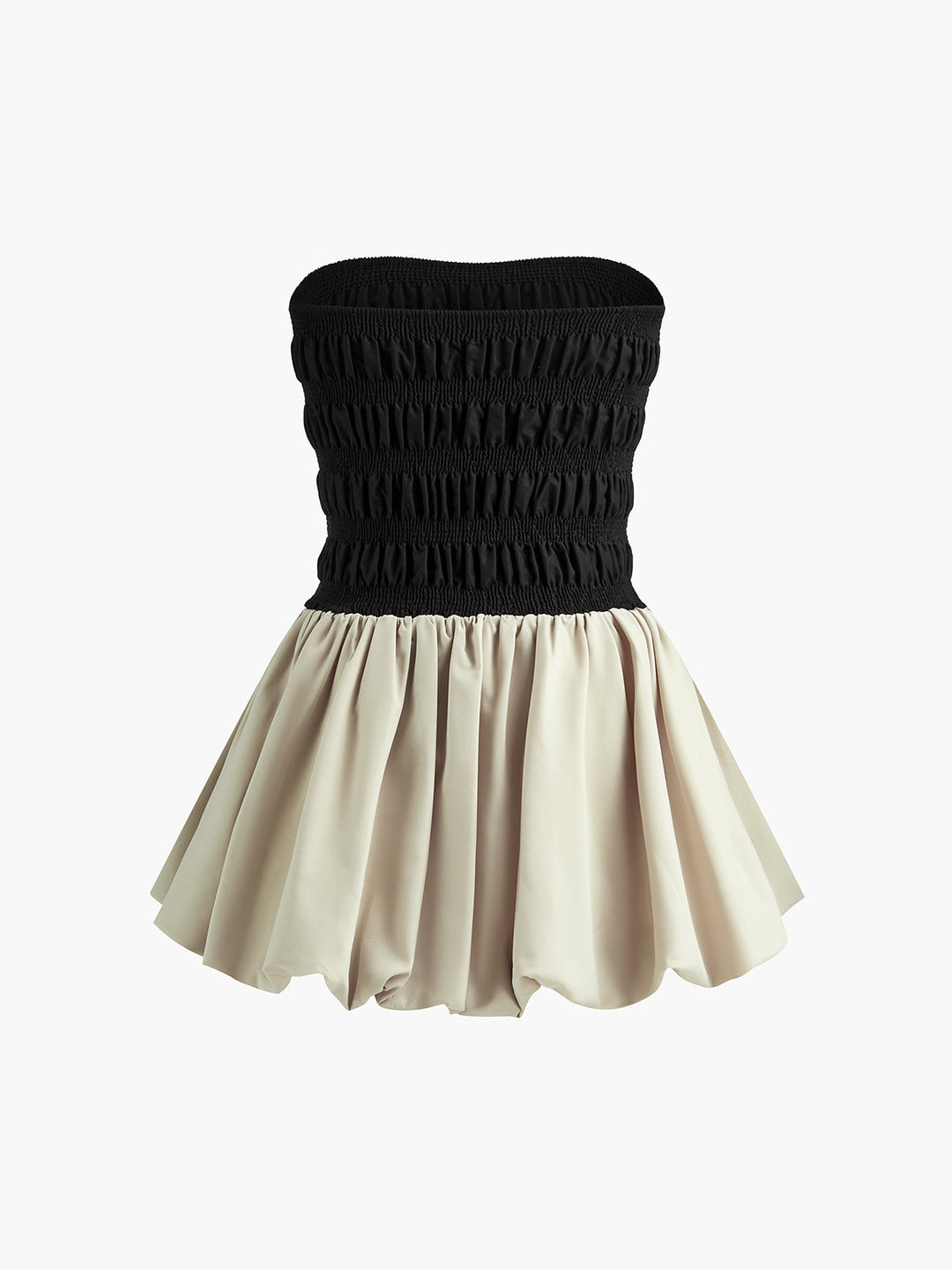 Kontrastfarbenes trägerloses Faltenkleid Kurz