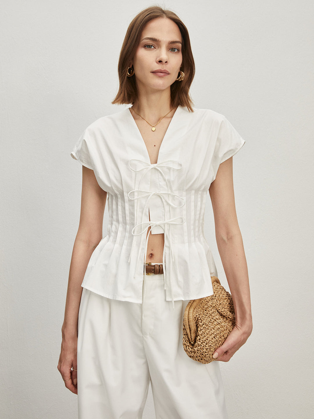 Baumwoll-Falten-Bluse mit Knoten