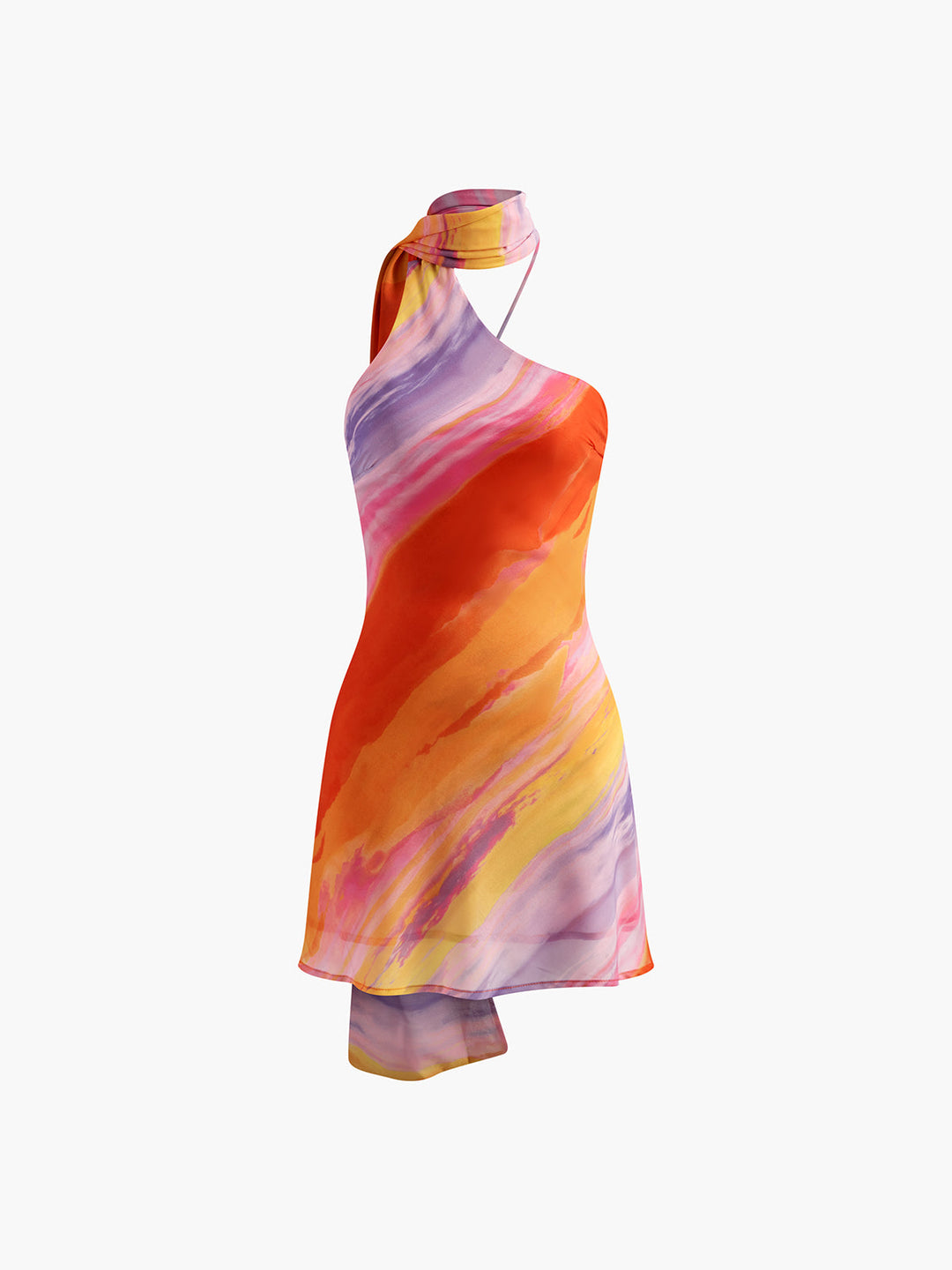 Semi-Sheer Neckholder Kleid mit Rückenausschnitt und Batik-Muster