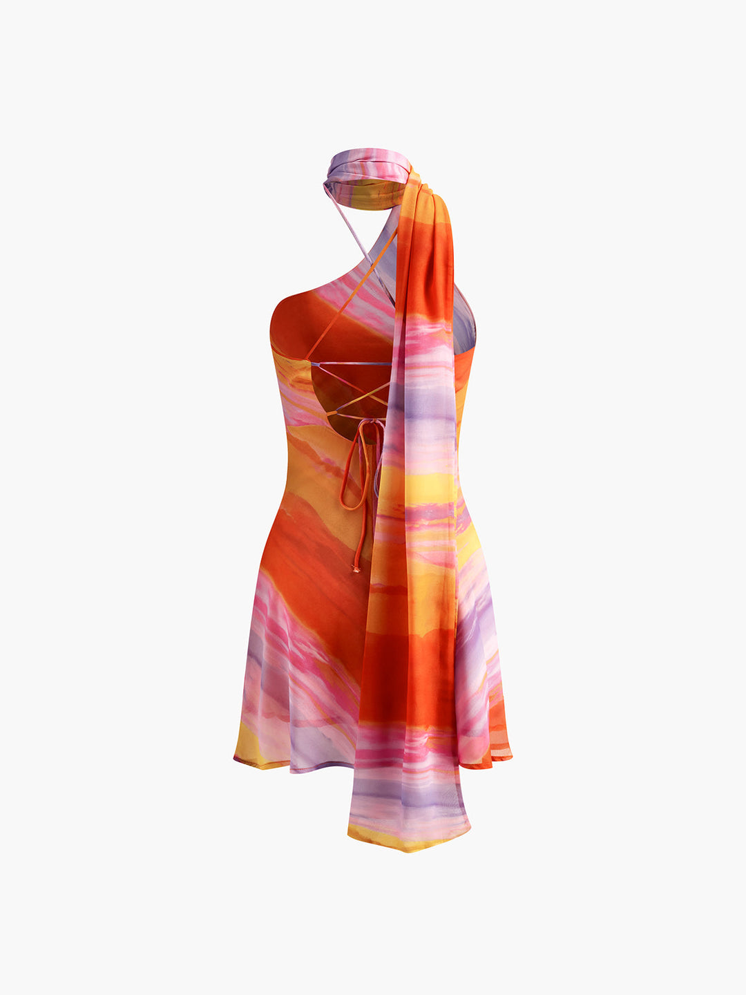 Semi-Sheer Neckholder Kleid mit Rückenausschnitt und Batik-Muster