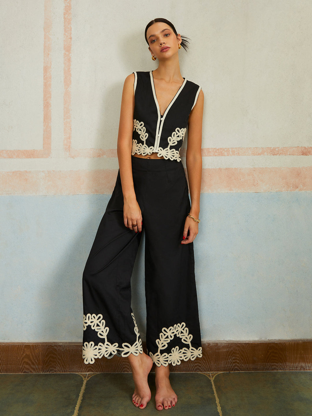Freizeit Stickerei Ärmellose Reißverschluss Hose Set