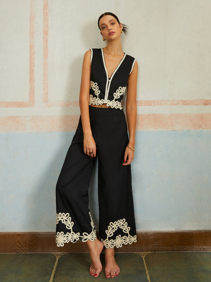 Freizeit Stickerei Ärmellose Reißverschluss Hose Set