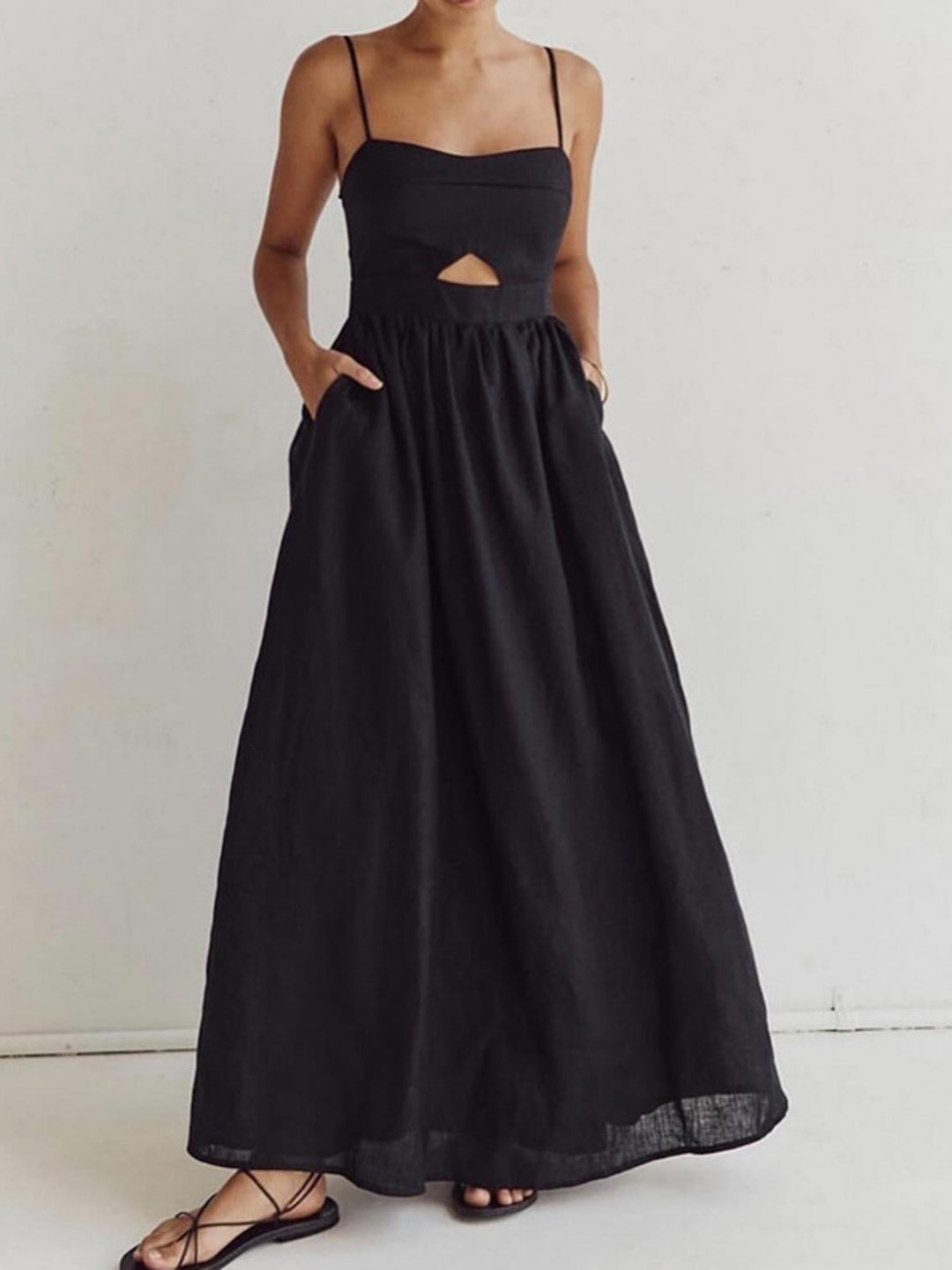 Bavellose Lang Kleid Mit Taschen Und Ausschnitt
