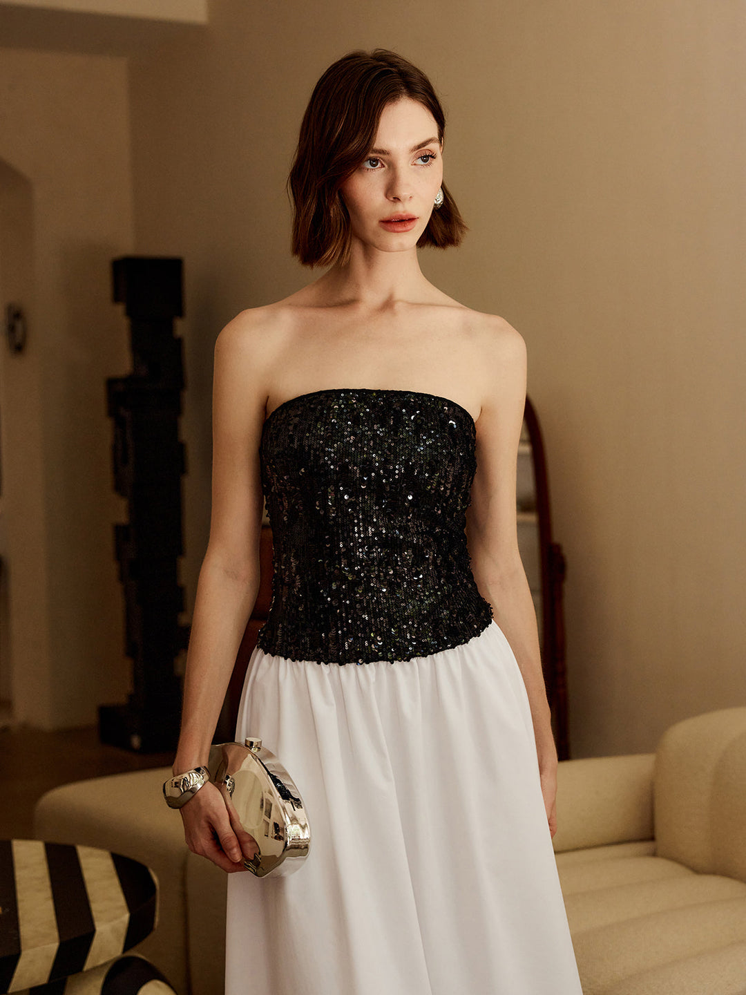 Gekräuseltes Pailletten-Trägerkleid