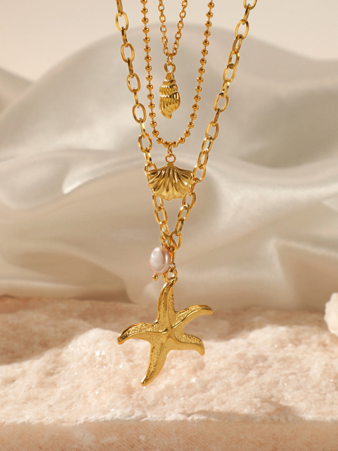 Triple Layers Pearl Starfish Halskette