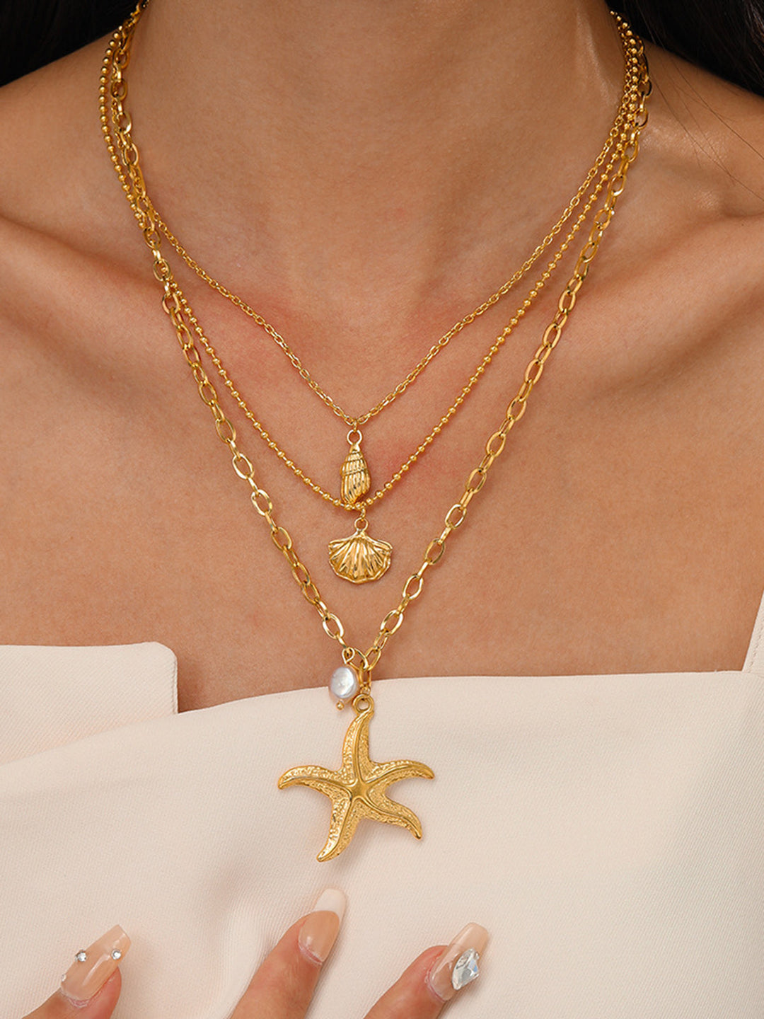 Triple Layers Pearl Starfish Halskette