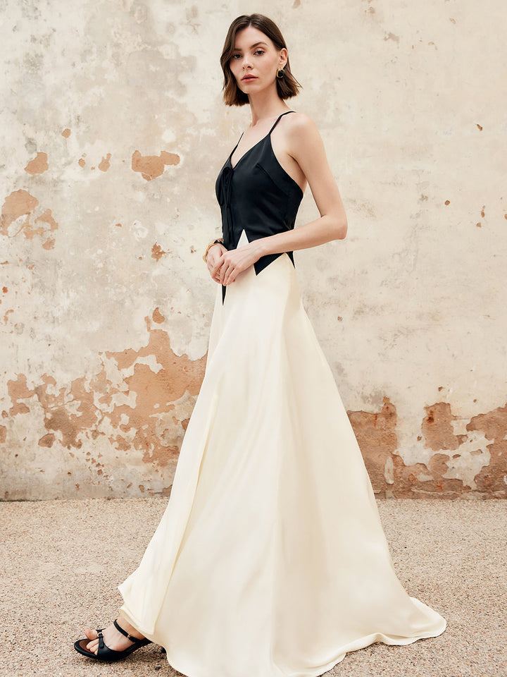 Color Block Plissee Cut-Out Neckholder-Maxikleid