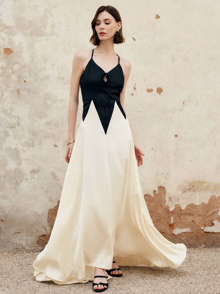 Color Block Plissee Cut-Out Neckholder-Maxikleid