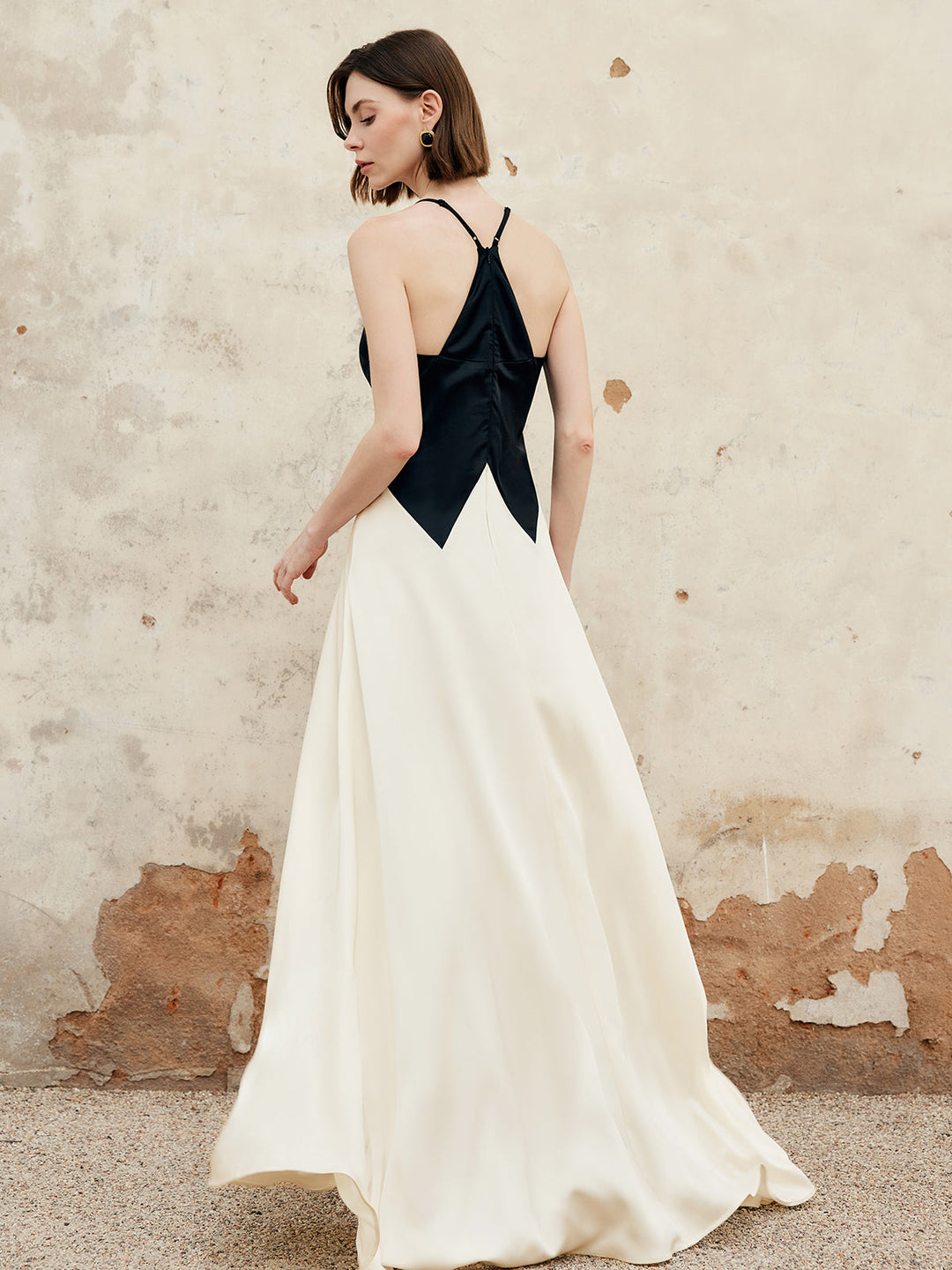 Color Block Plissee Cut-Out Neckholder-Maxikleid