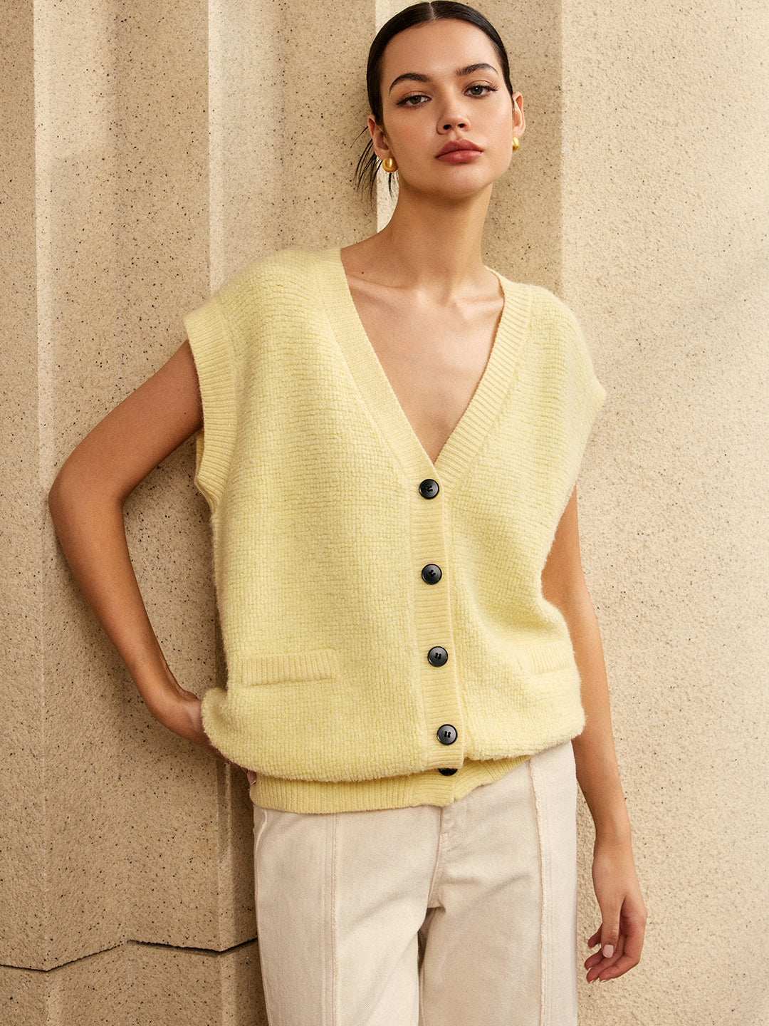 Oversized V-Ausschnitt Pullover Weste mit Knöpfen