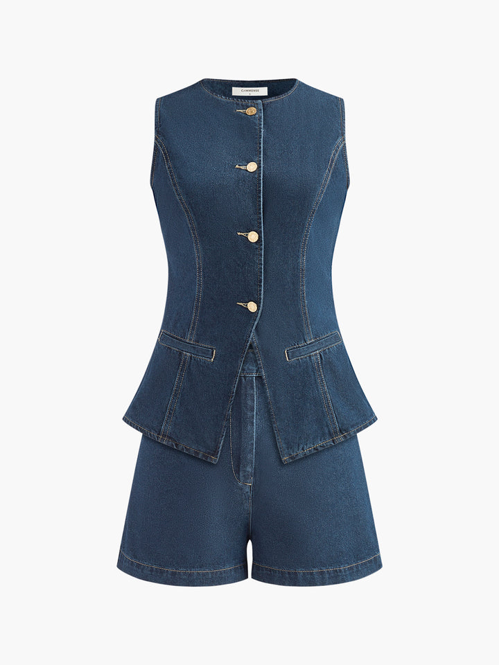 Denim-Peplum-Weste mit Shorts-Set