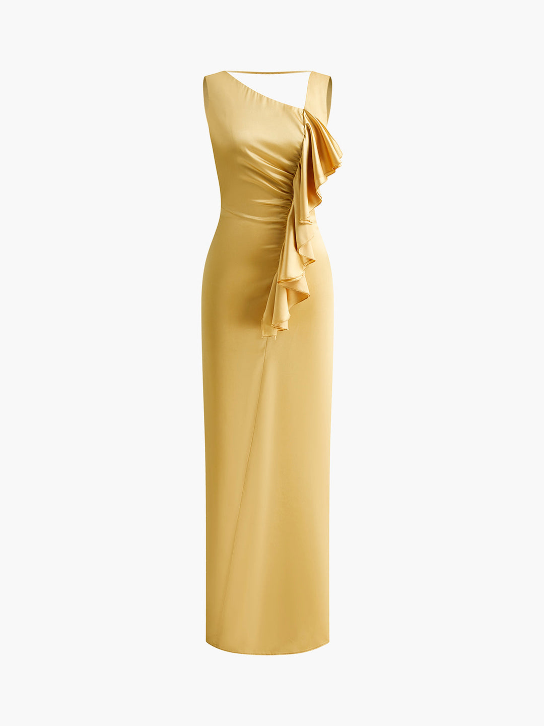 Asymmetrisches rückenfreies langes Kleid mit Rüschen