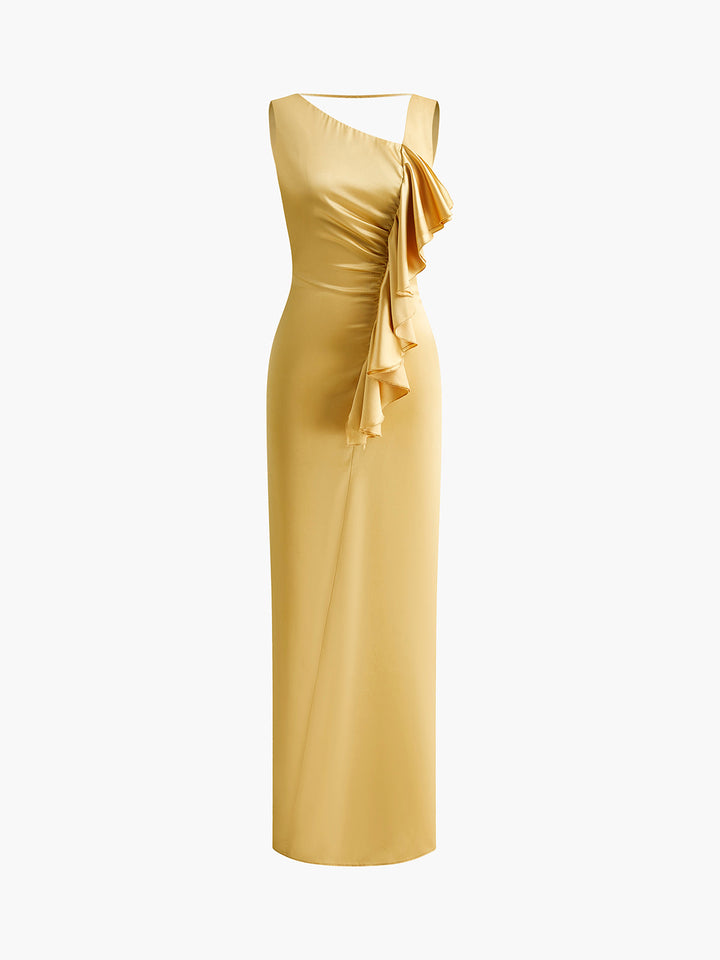 Asymmetrisches rückenfreies langes Kleid mit Rüschen