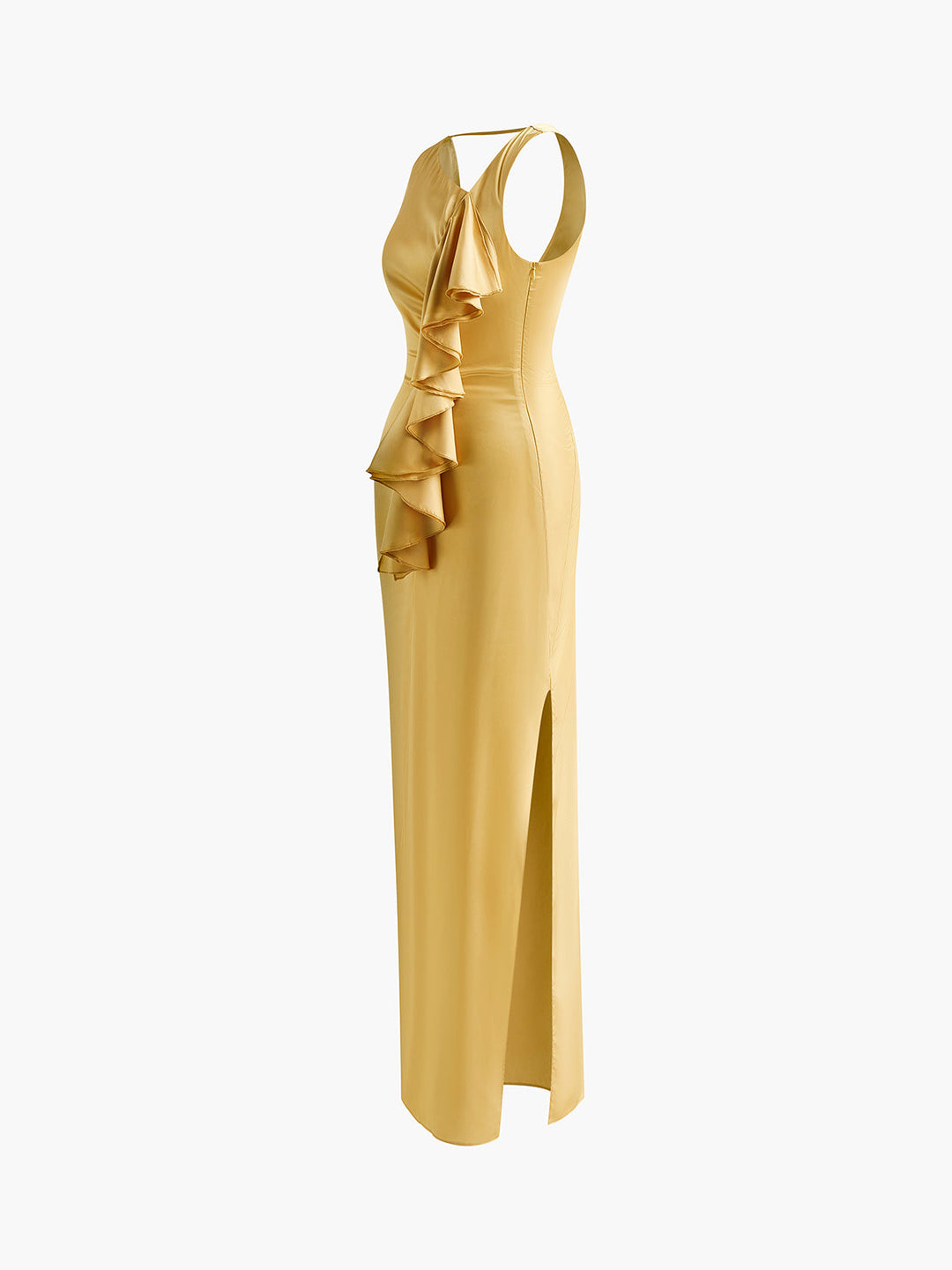 Asymmetrisches rückenfreies langes Kleid mit Rüschen
