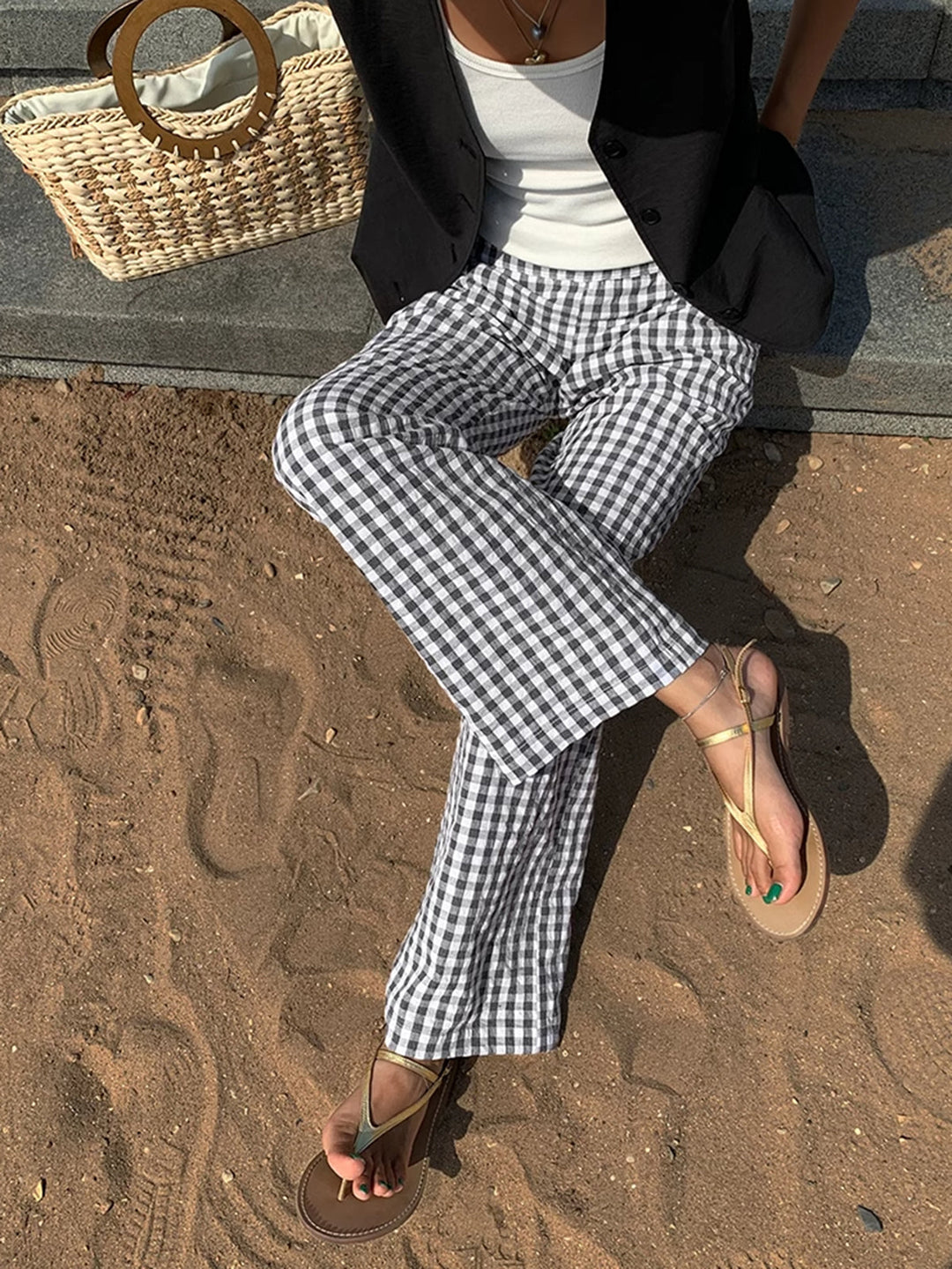 Lässige karierte Hose mit weitem Bein