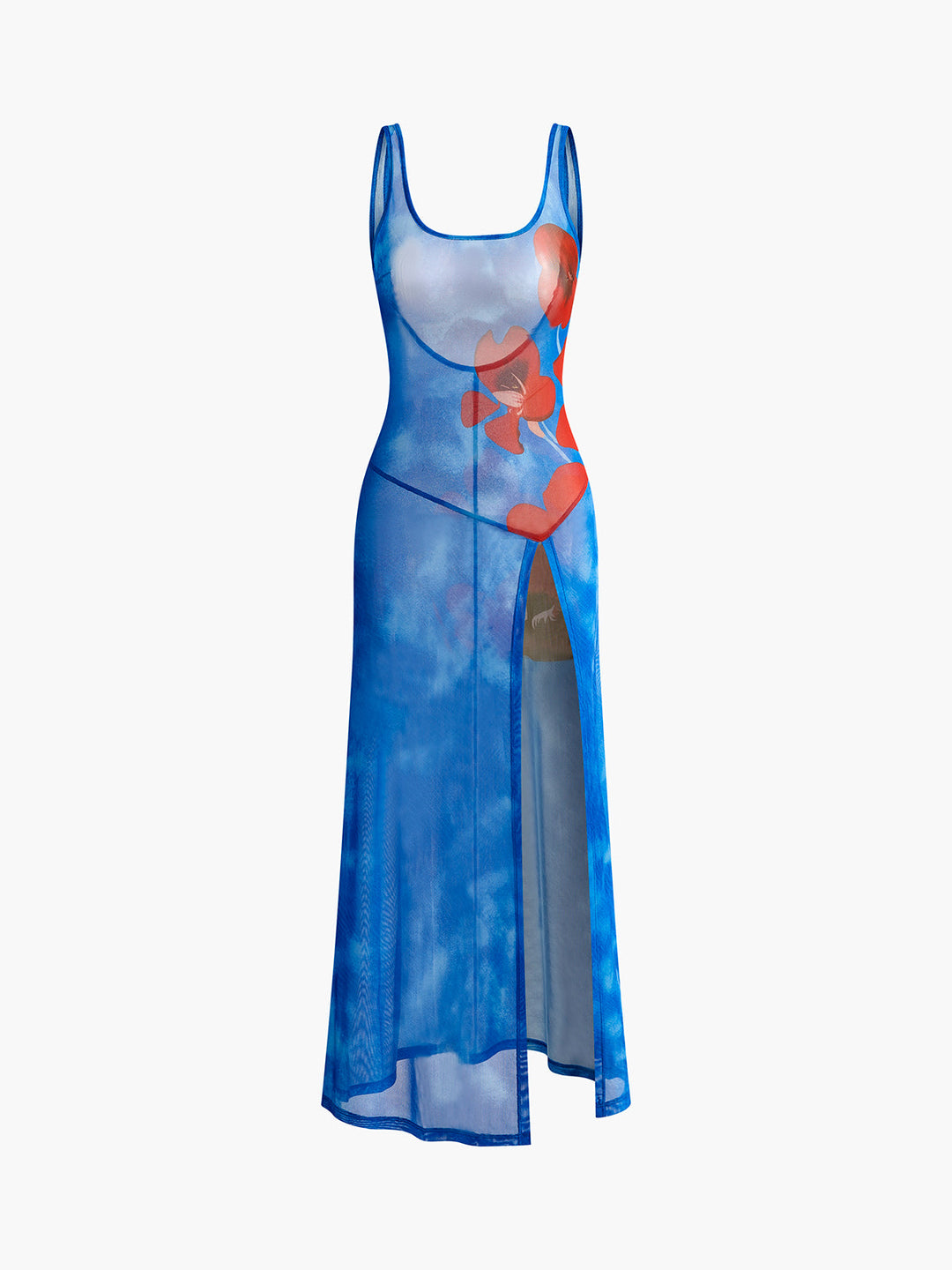 Halbdurchsichtiges geblümtes rückenfreies Kleid mit Schlitz