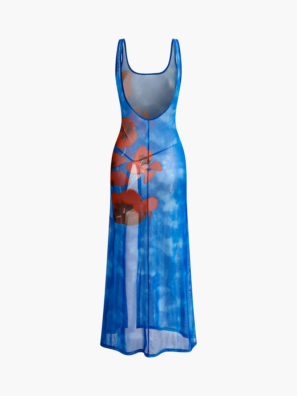 Halbdurchsichtiges geblümtes rückenfreies Kleid mit Schlitz