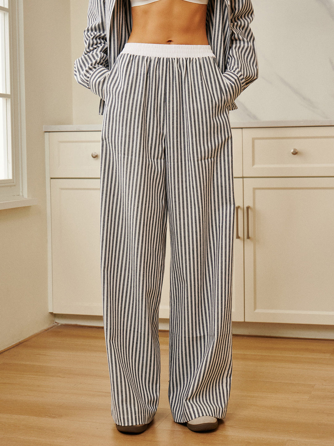 Pinstripe Kontrastbesatz Hose mit weitem Bein