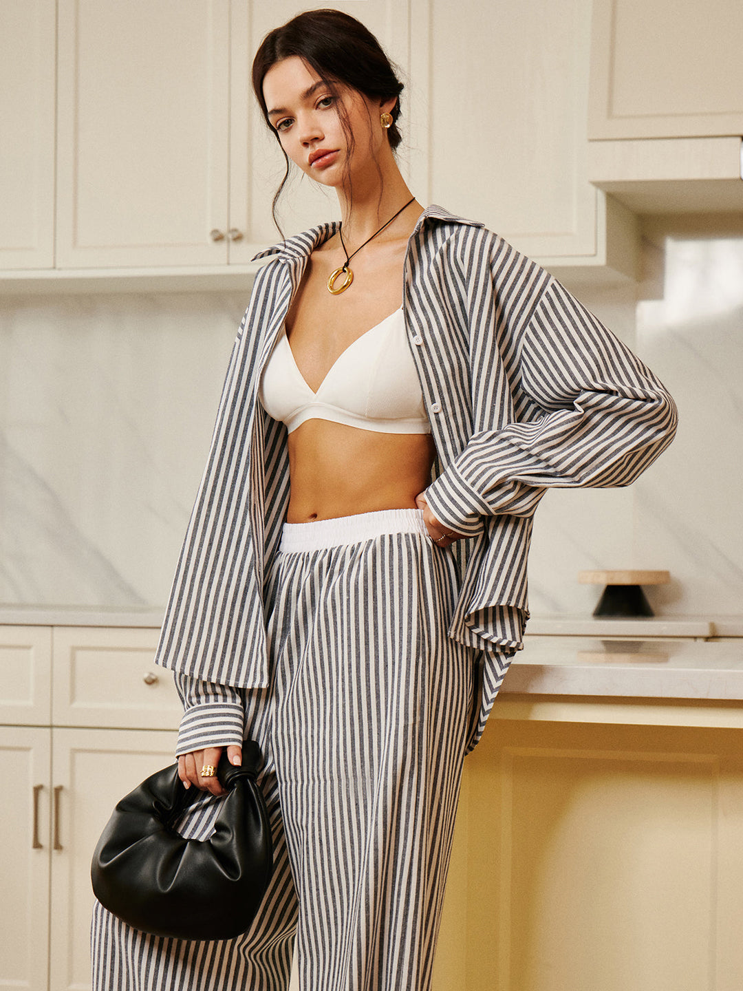 Baumwoll- & Leinen-Nadelstreifen-Loose-Shirt