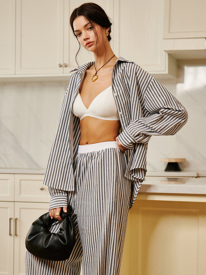 Baumwoll- & Leinen-Nadelstreifen-Loose-Shirt