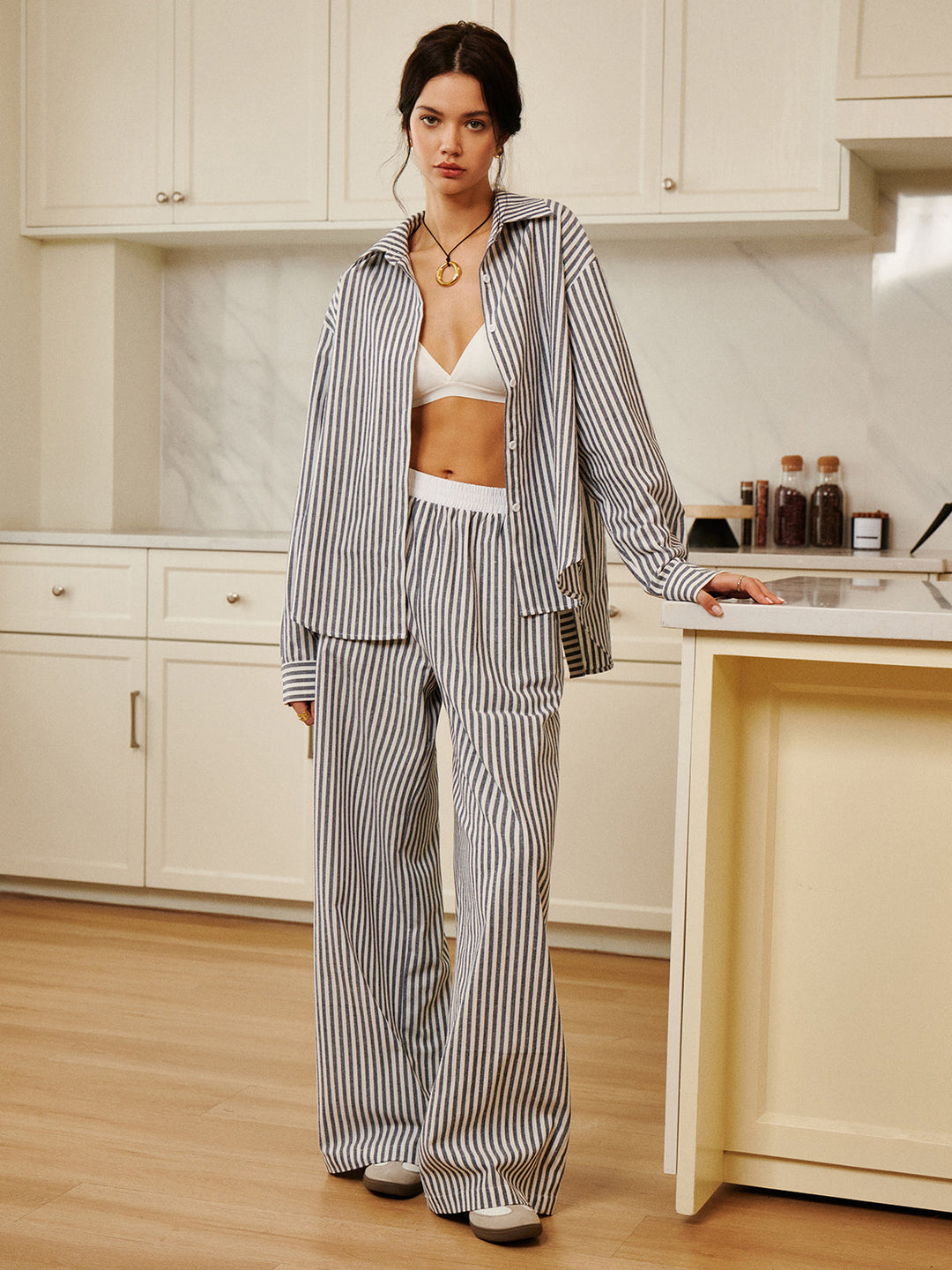 Baumwoll- & Leinen-Nadelstreifen-Loose-Shirt