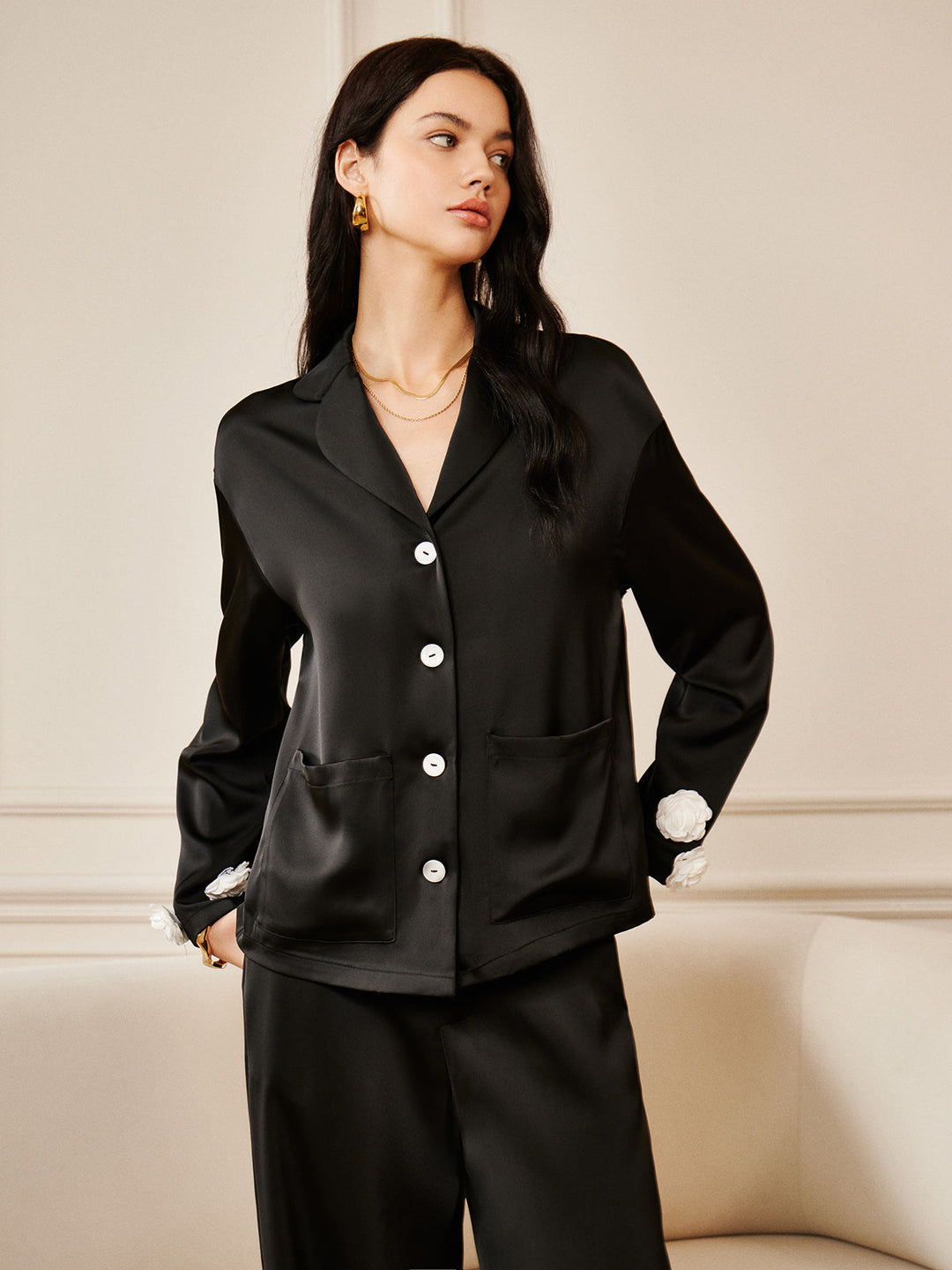 Satin 3D Blumen Tasche Shirt