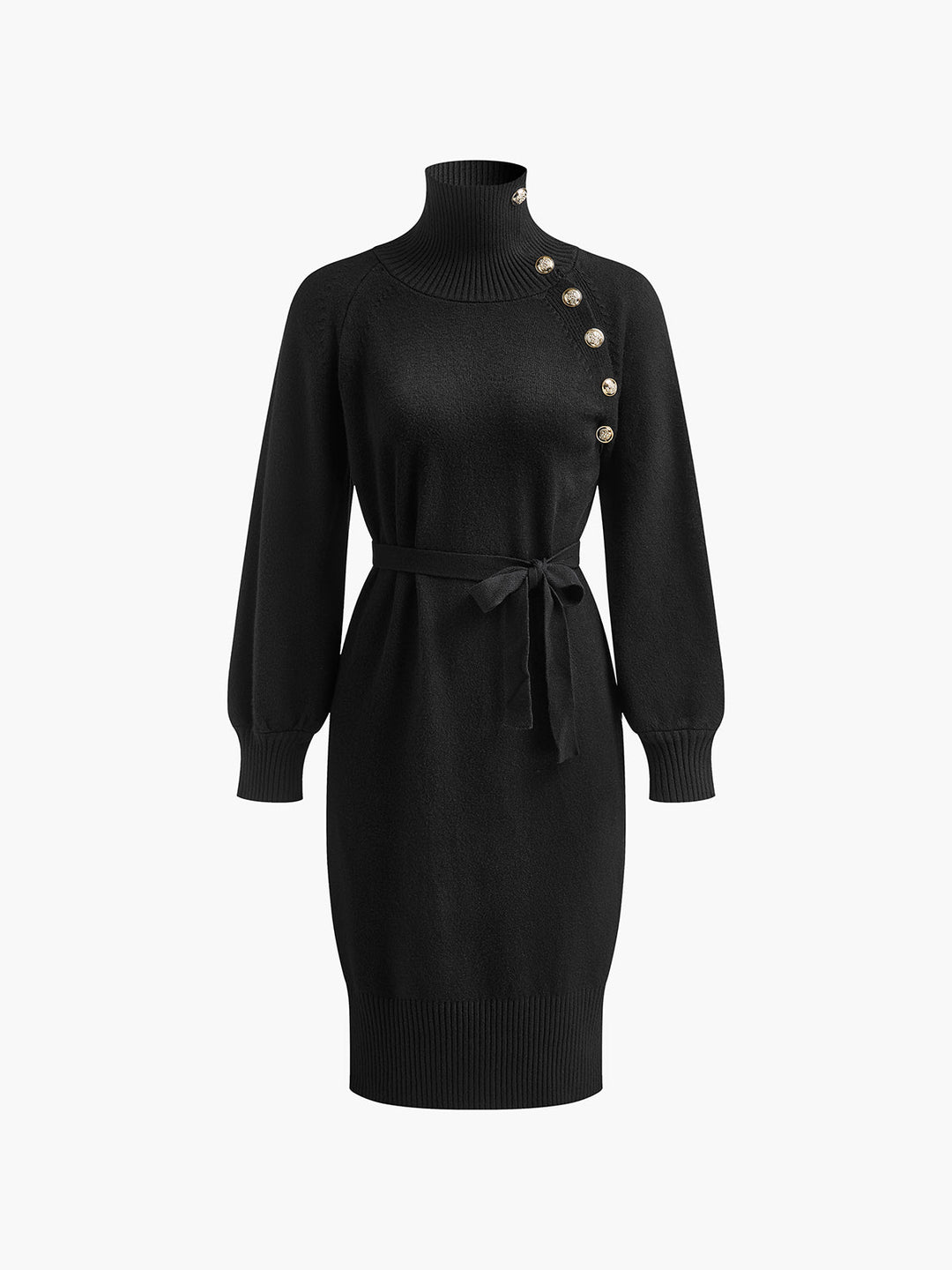 Rollkragenpullover Kleid mit Gürtel und Knöpfen