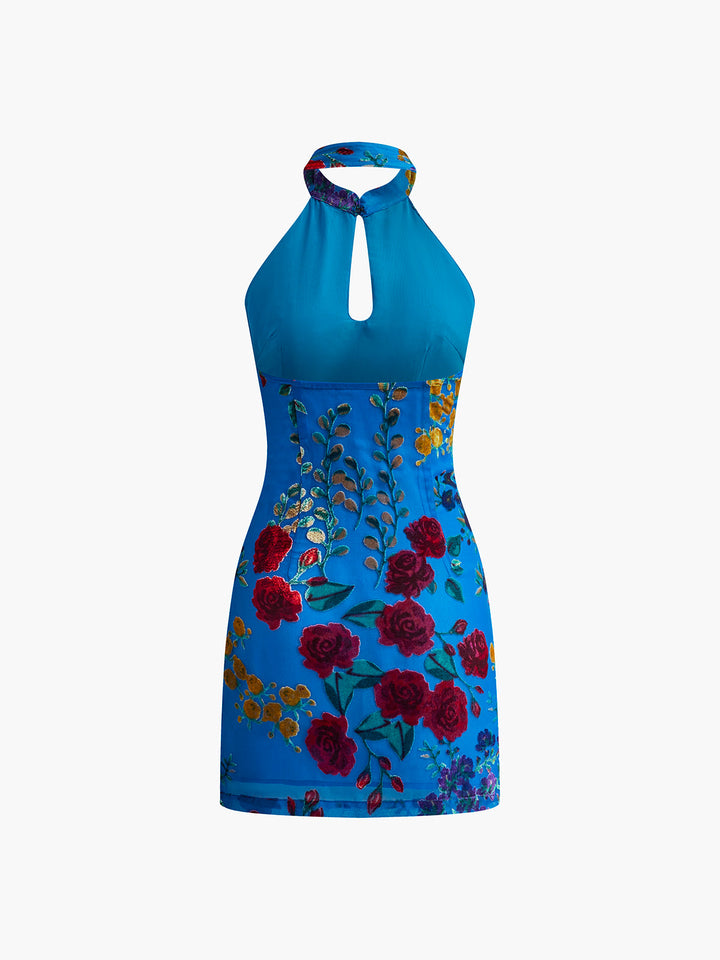 Samt Jacquard Kleid mit Rückenausschnitt und Neckholder