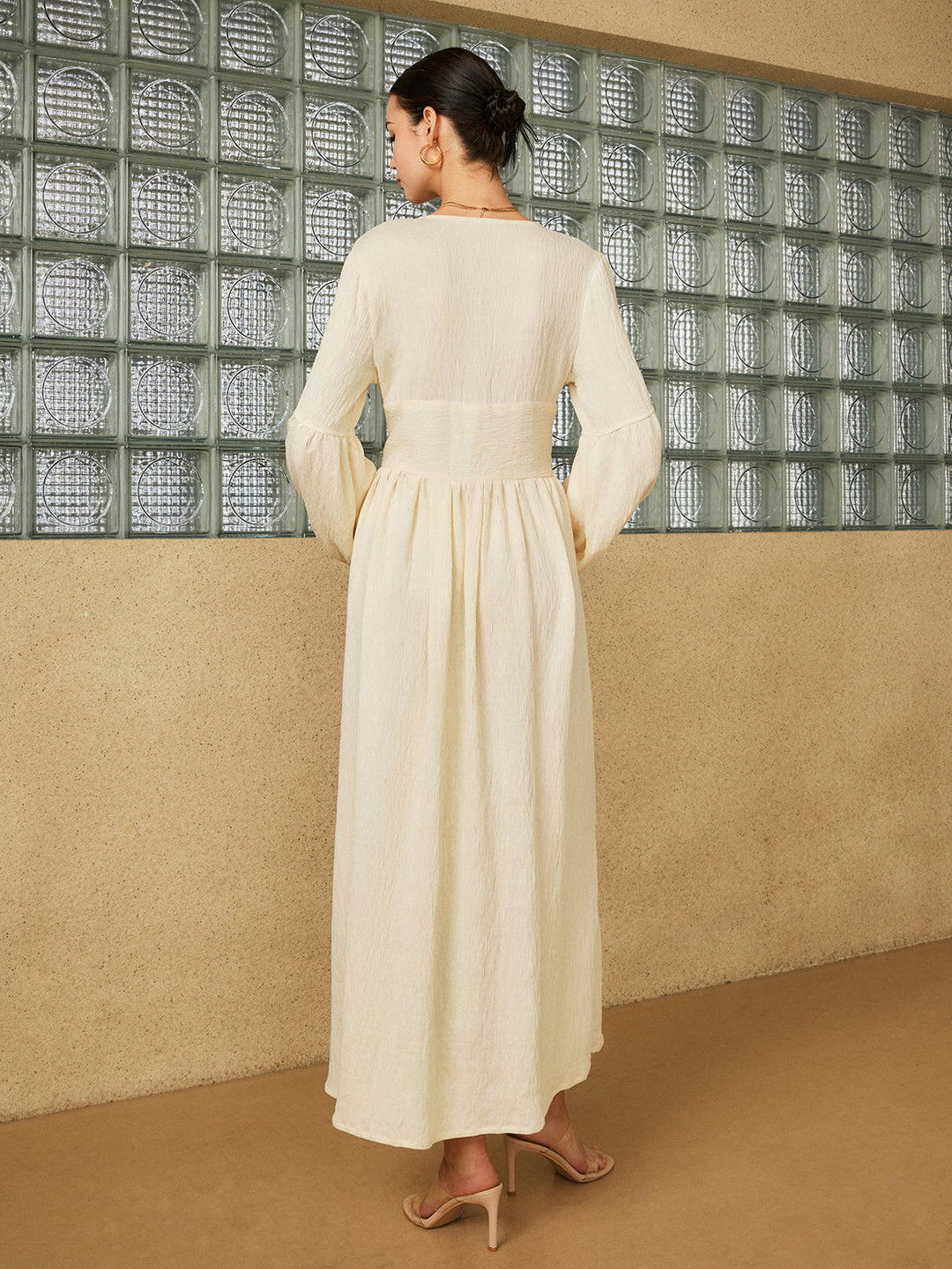 Böhmische Laternenärmel Knopfleisten-Maxikleid mit Schlitz