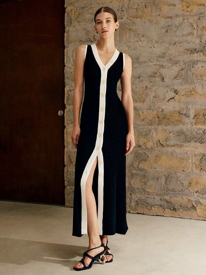 Kleid mit Kontrastbesatz und Knopfverschluss