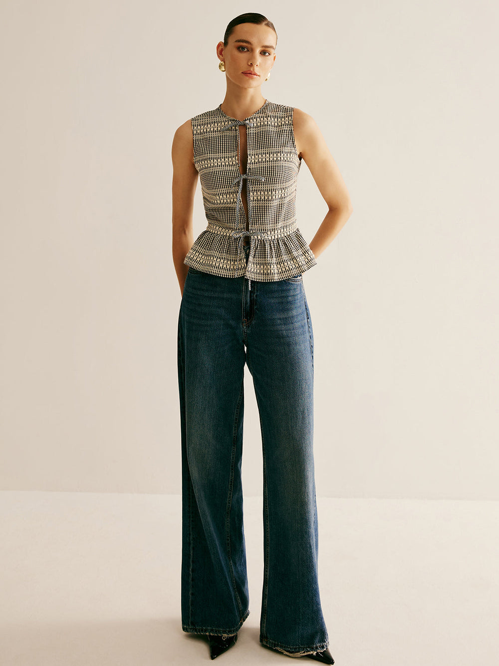 Plaid Krawattenfront Rüschen-Tanktop