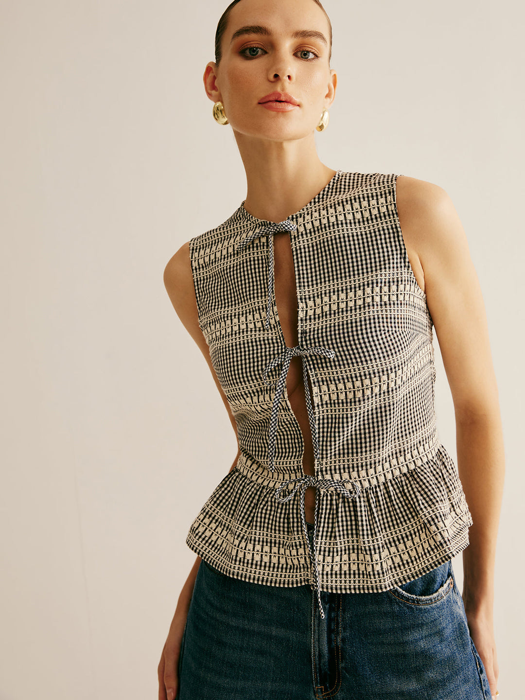 Plaid Krawattenfront Rüschen-Tanktop