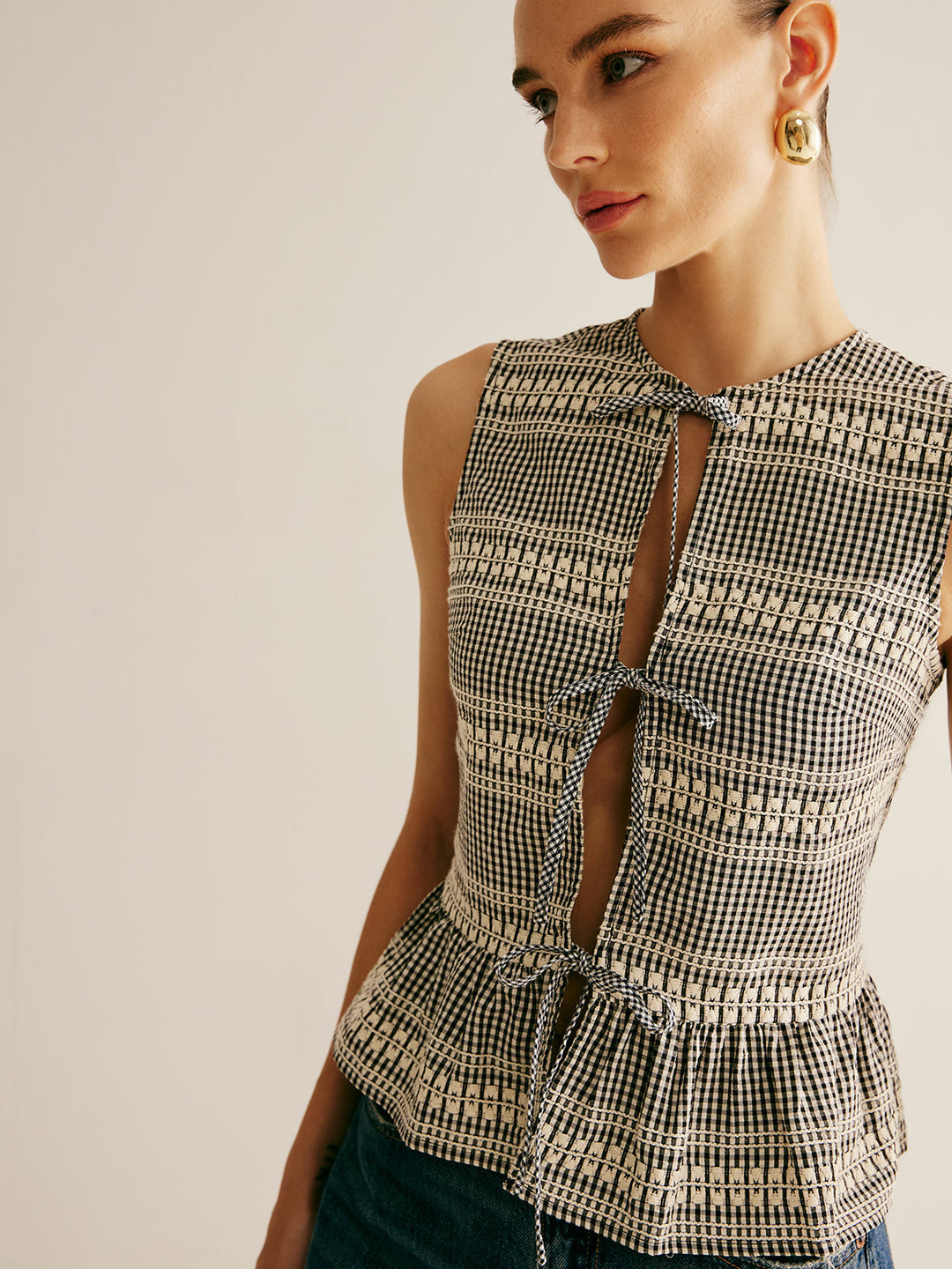 Plaid Krawattenfront Rüschen-Tanktop