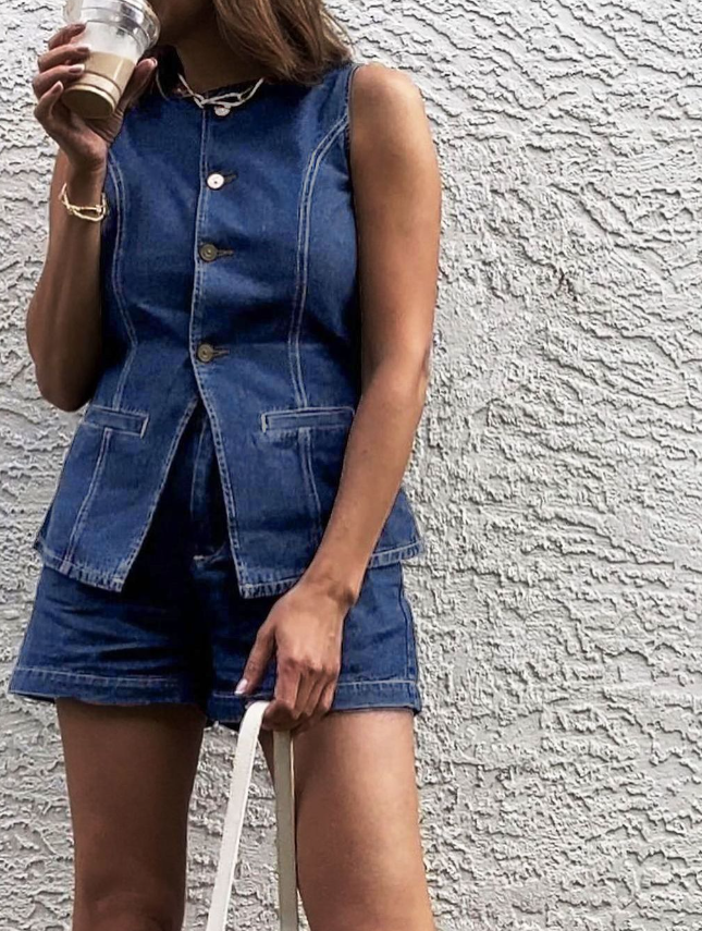 Denim-Peplum-Weste mit Shorts-Set
