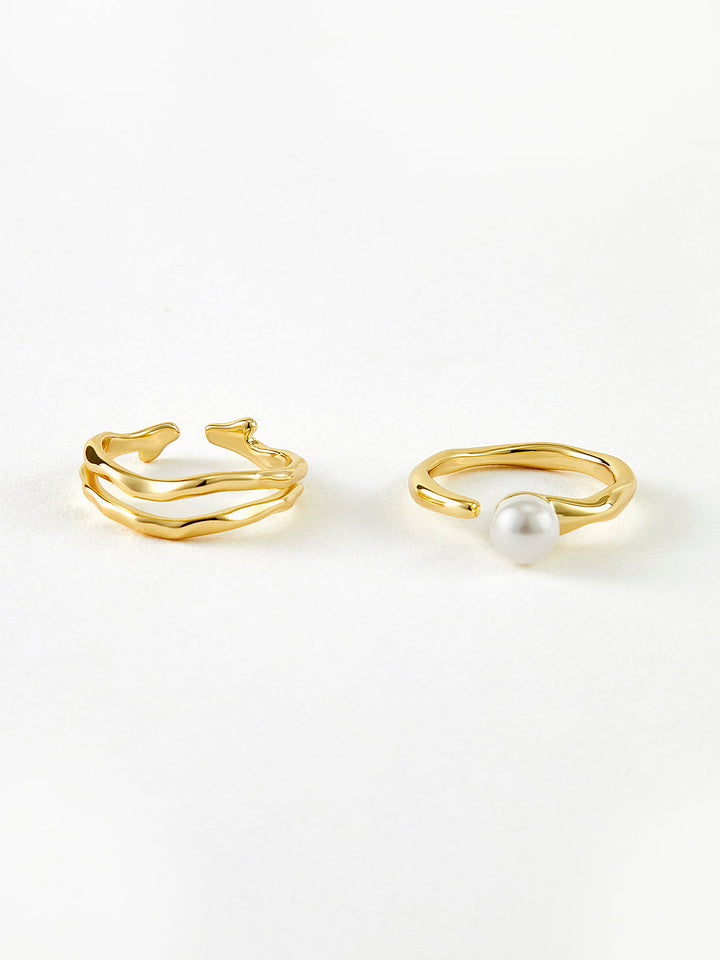 2 Stück Goldene Welle Perlen Offener Ring