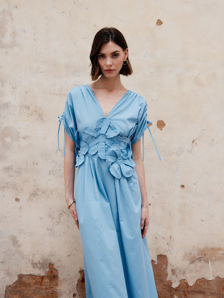 Blumen-Rüschen-V-Ausschnitt-Langes-Kleid