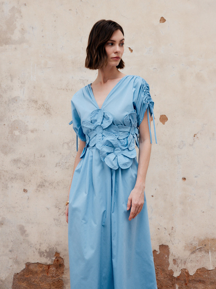 Blumen-Rüschen-V-Ausschnitt-Langes-Kleid