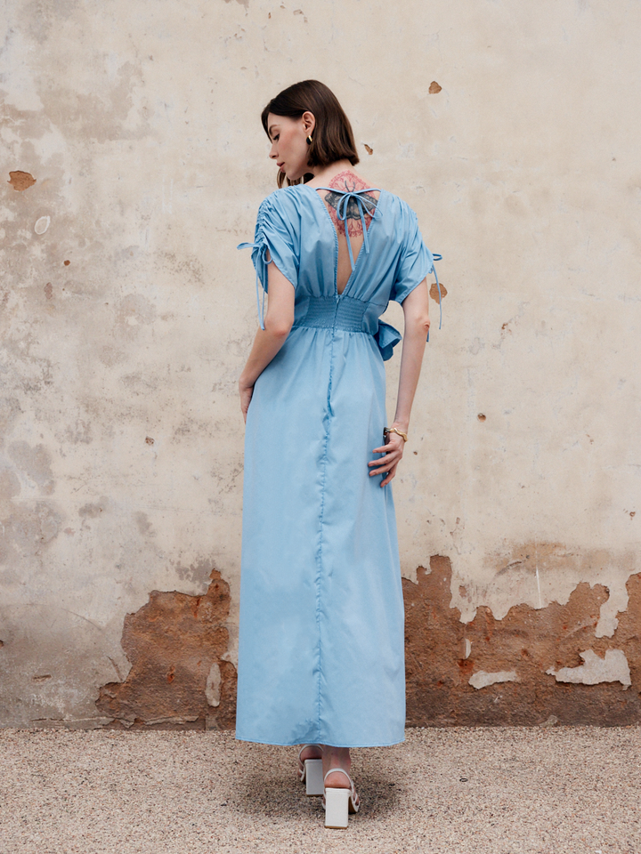 Blumen-Rüschen-V-Ausschnitt-Langes-Kleid