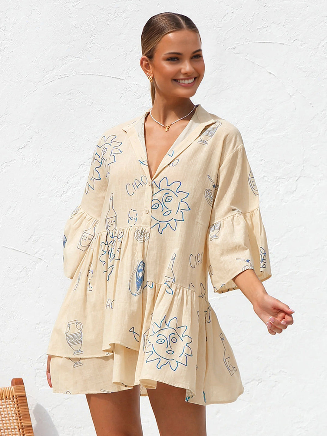 Oversized Sonnenbedrucktes Kurzarmkleid