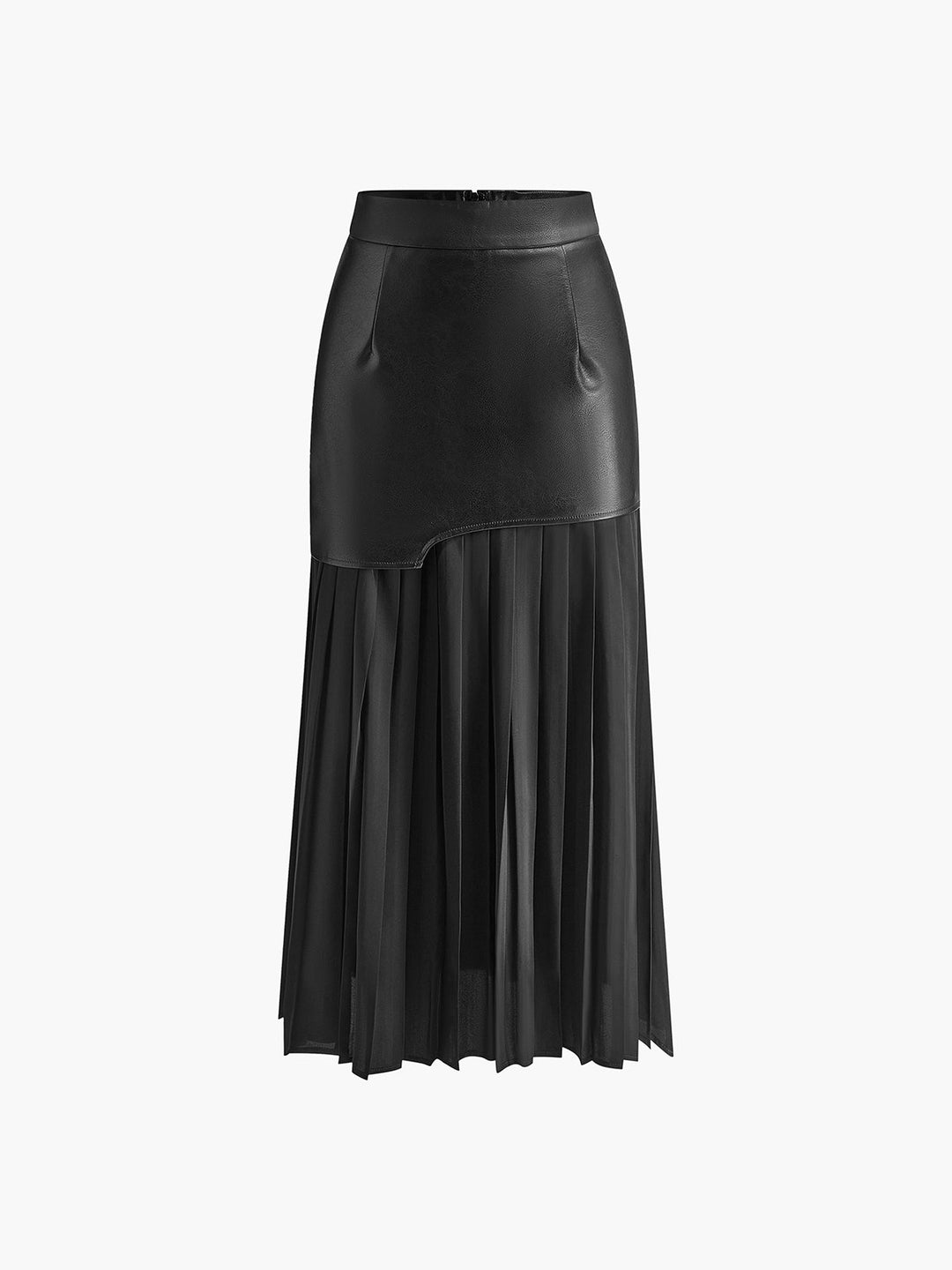 Asymmetrischer Maxirock aus Kunstleder und Chiffon mit Falten
