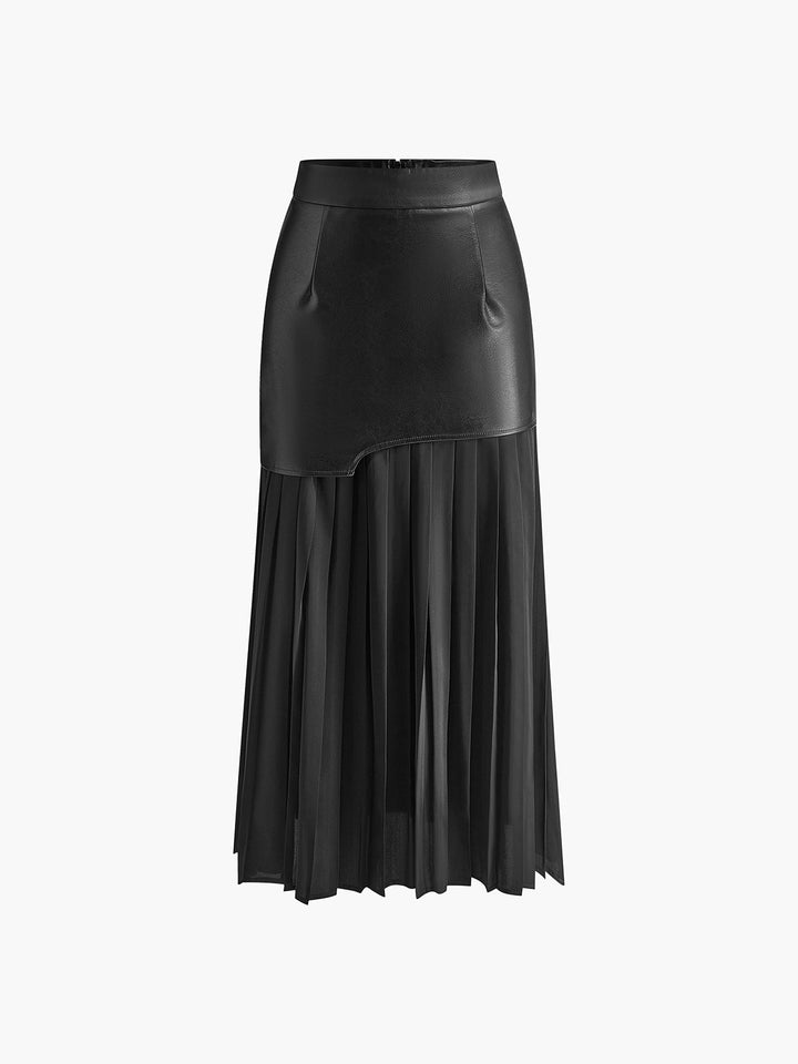 Asymmetrischer Maxirock aus Kunstleder und Chiffon mit Falten